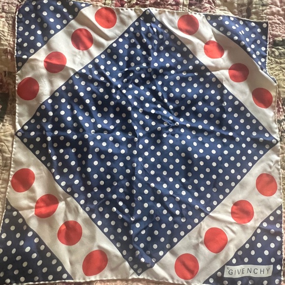Givenchy Accessories - Vintage 70’s Givenchy Scarf Silk Navy and Red Polka Dot